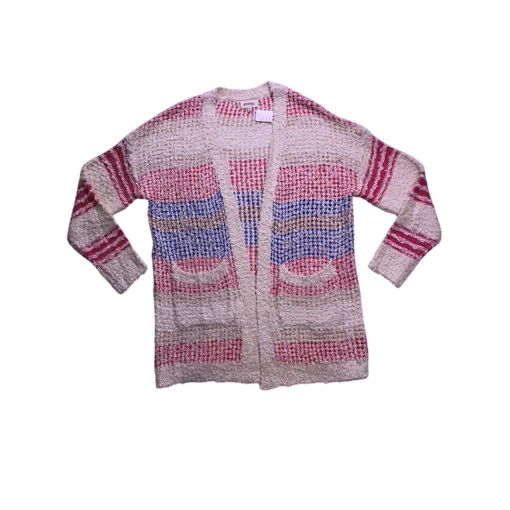 Adora Cardigan Sweater Womens 2XL 3XL Ivory Red Blue Striped Open Frontâ